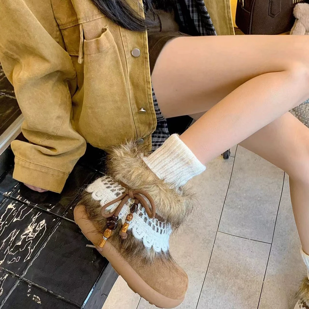 费尔岛毛毛雪地靴女2025冬季新款保暖加绒加厚棉鞋AN