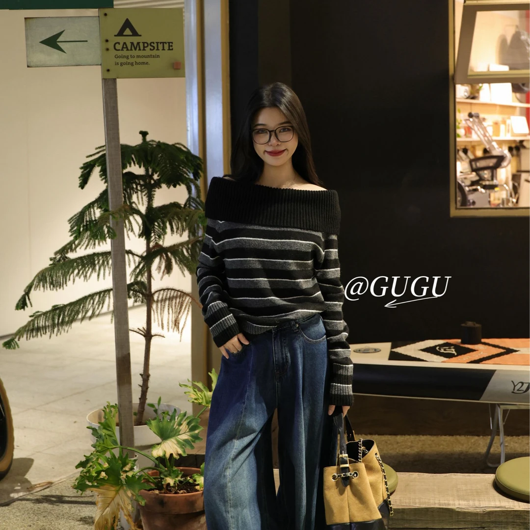 【古古】加厚一字肩条纹高级感韩系减龄气质秋冬长袖百搭毛衣G25795