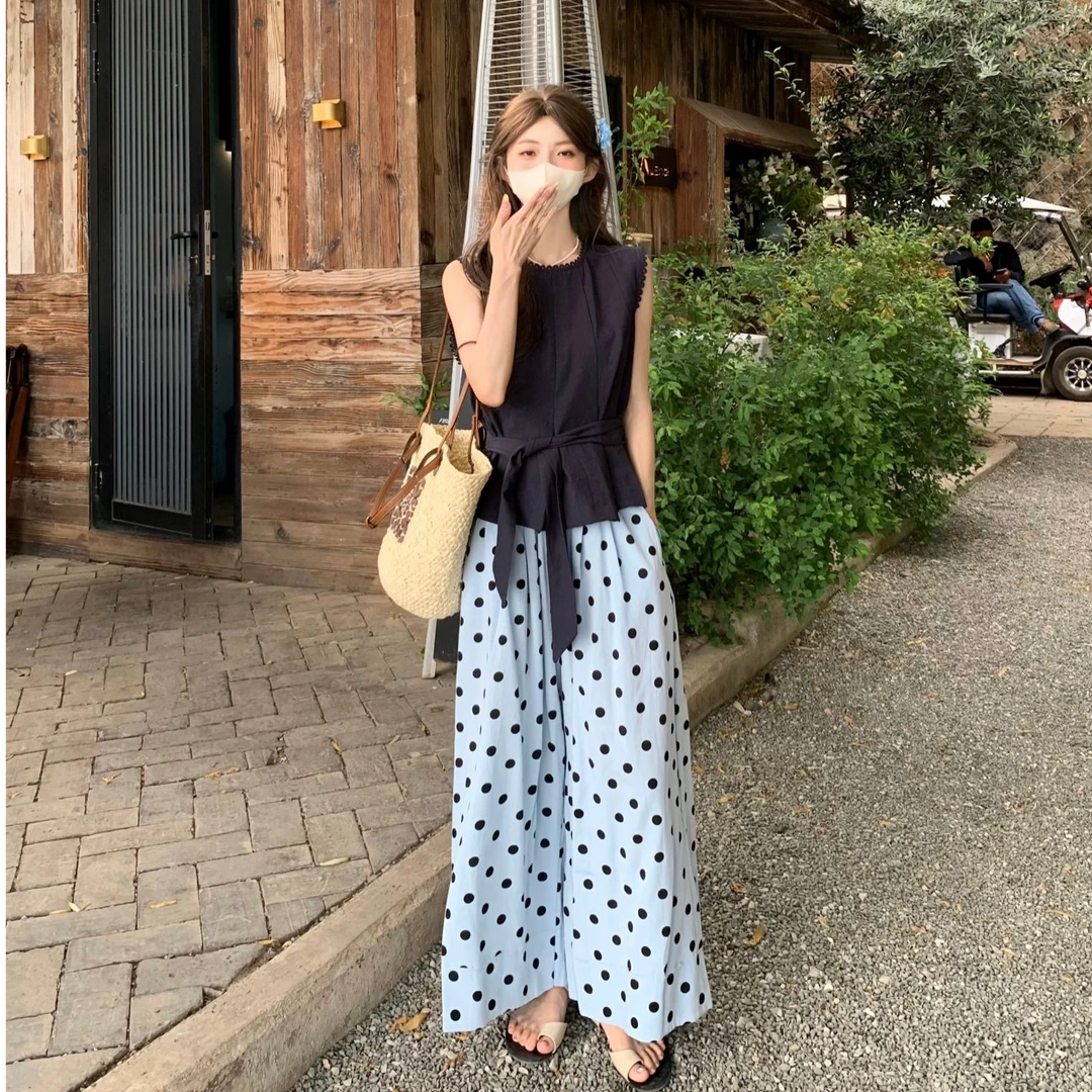 无袖短款上衣夏日多巴胺法式小资小个子衬衫配阔腿裤子