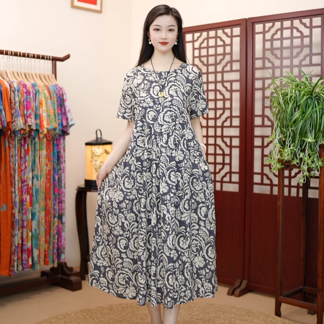 [玉墨]夏季新款高级气质棉麻柔软遮肚宽松显瘦连衣裙子妈妈装