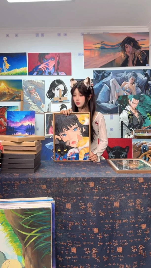丙烯画?****?三只猫女孩丙烯画y
