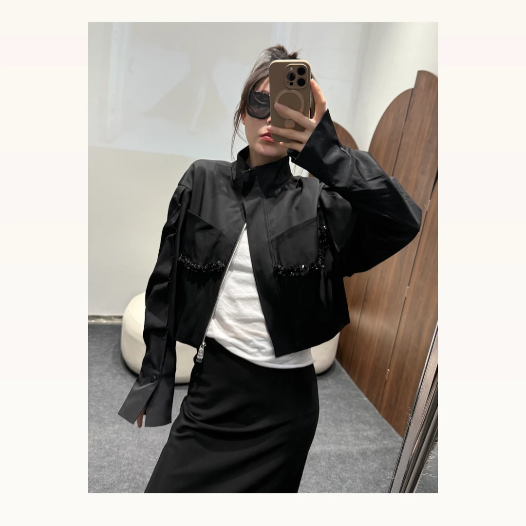 【雪儿姐姐】早春新款口袋亮片立领夹克外套时尚个性潮流风休闲短款