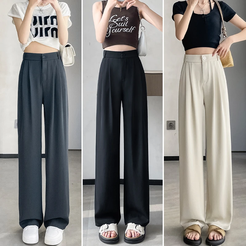 （现货带险）夏季小个子西装裤女垂感阔腿裤宽松休闲拖地窄版直筒裤