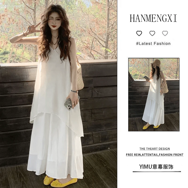 夏季一整套女装2025新款韩版减龄气质遮肚显高显瘦无袖背带连衣裙