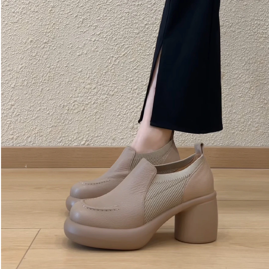 nnmiss•34-39/复古头层羊皮高跟圆头乐福鞋针织松紧带一脚蹬单鞋