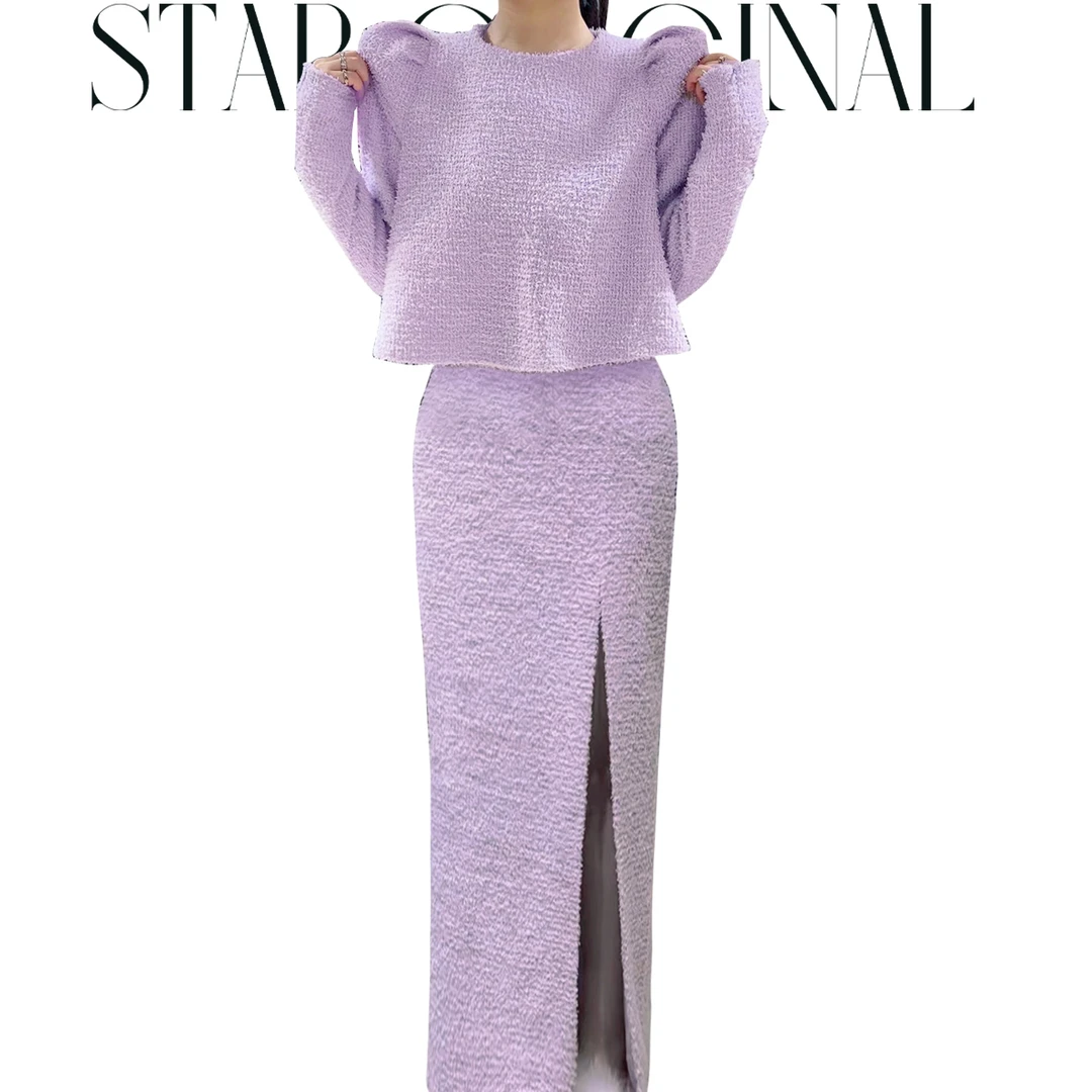 【星姐推荐】星原创高级定制【星黛露】设计师秋冬抓毛蕾丝修身套装