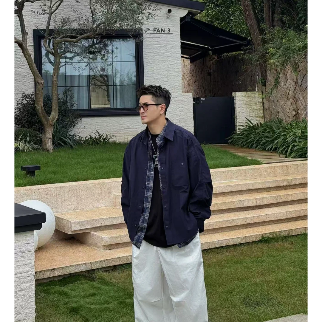 XDZZ二狗25ss秋季百搭高街宽松假两件设计格子衬衫外套C189