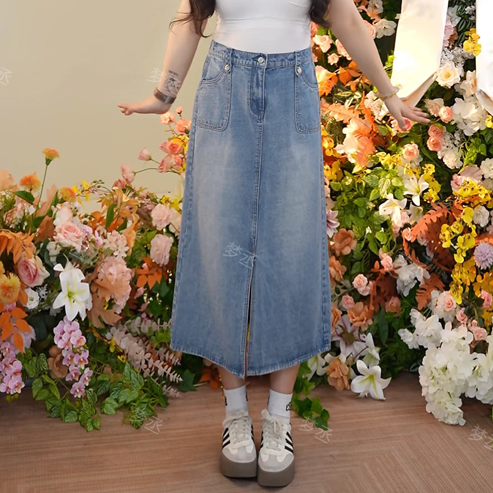 梦丞【青春实录】大码时尚穿搭显瘦中高腰时尚百搭美式复古牛仔半裙