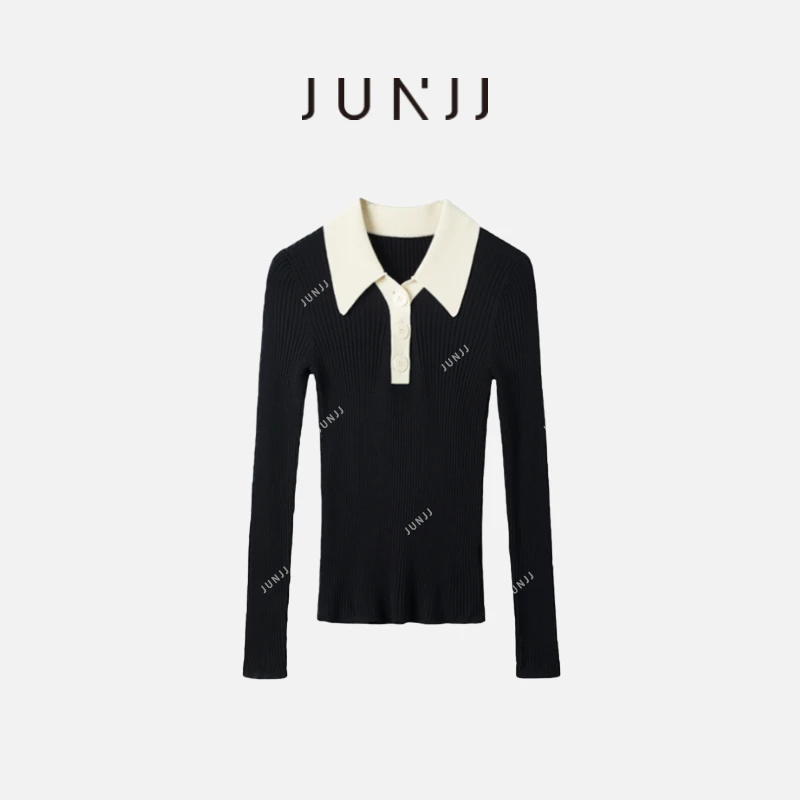 JUNJJ【知梦】2024圆领长袖套头黑色休闲时尚设计针织气质女装