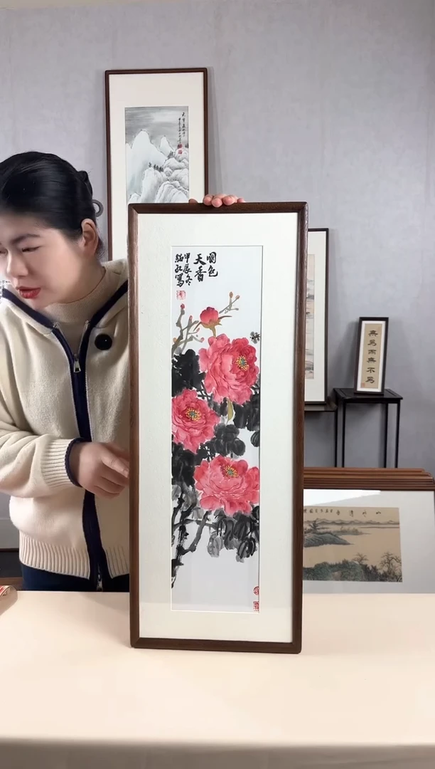 【闪购商品】国画手绘*牡丹*28*72cm实木框