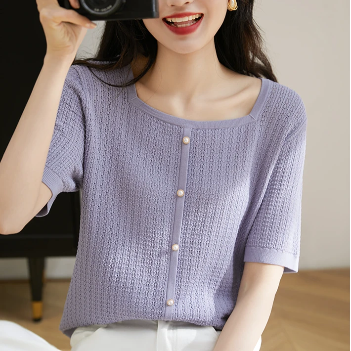 设计感方领镂空短袖2025夏季新款针织衫宽松显瘦时尚透气t恤衫女