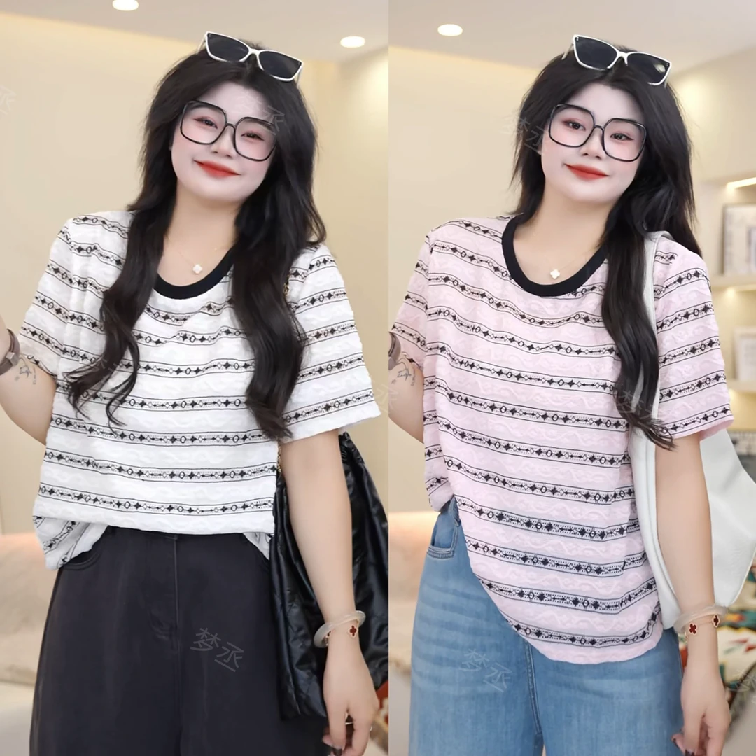 梦丞【有氧甜心】大码女装夏季圆领条纹镂空时尚洋气百搭短袖T恤
