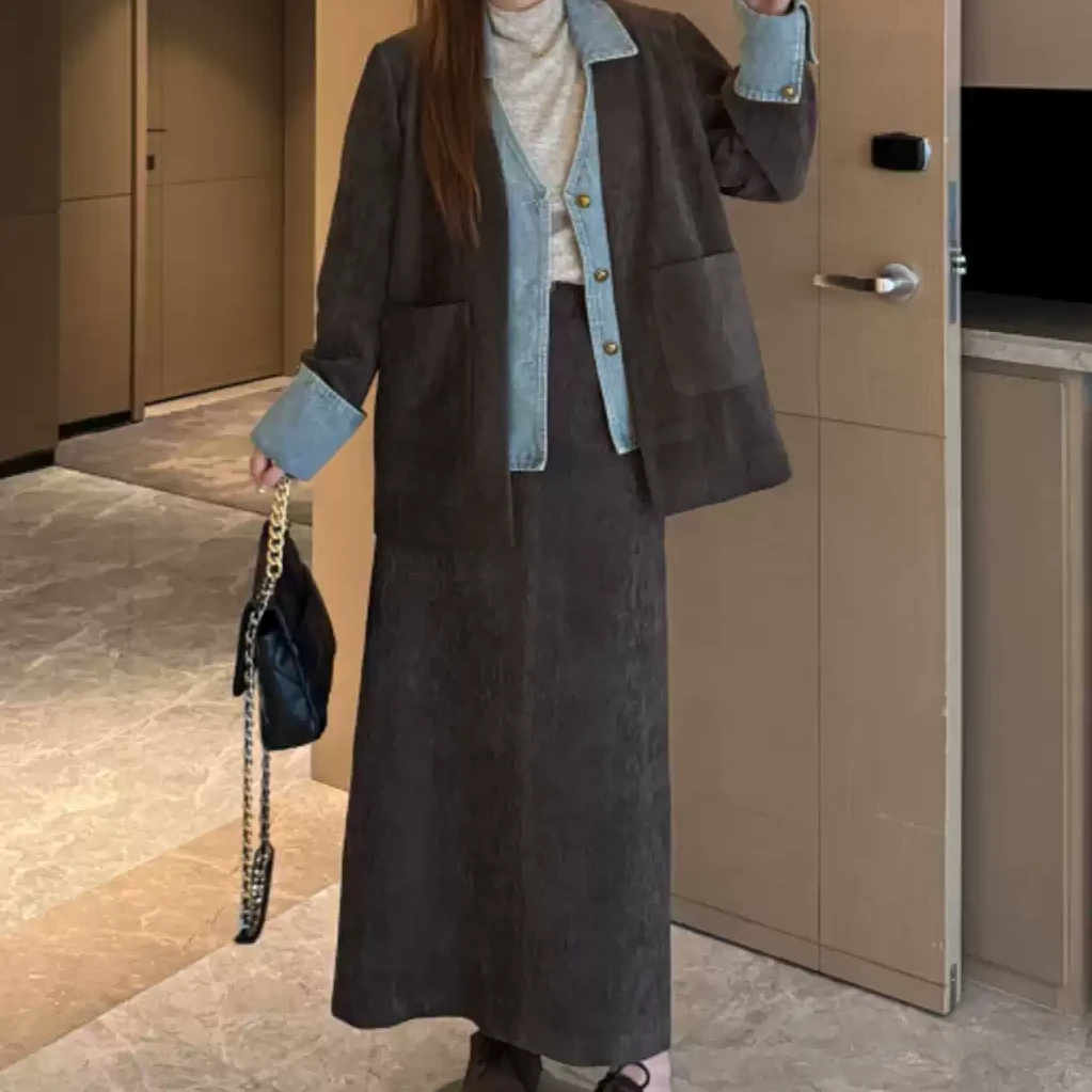 【秋日暖阳】拼接牛仔雪尼尔外套春秋巨显瘦半身裙胖mm微胖套装