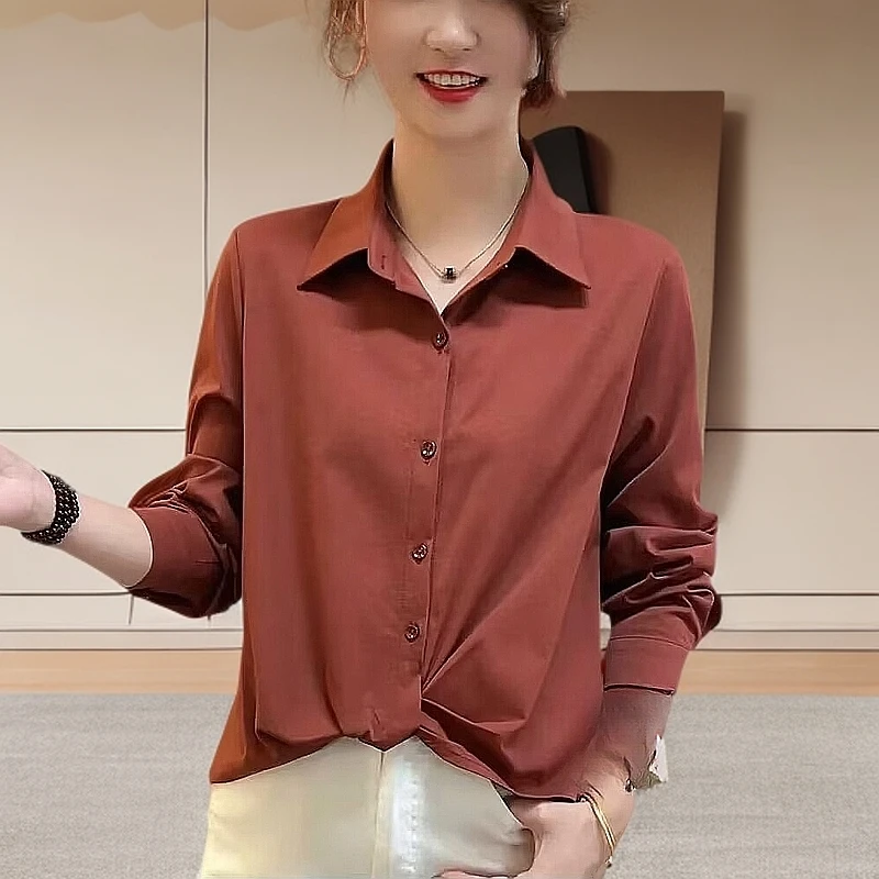 法式扭结长袖衬衫女秋季新款洋气冰感气质翻领中老年女装妈妈装