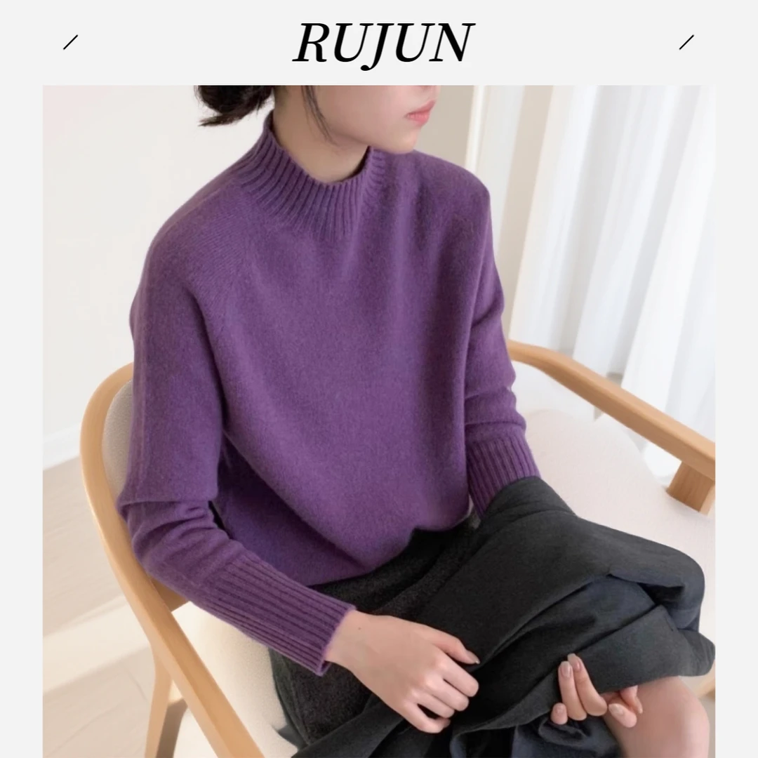 一线成衣~无缝半高领100%纯羊毛衫秋冬纯色套头毛衣保暖打底衫女