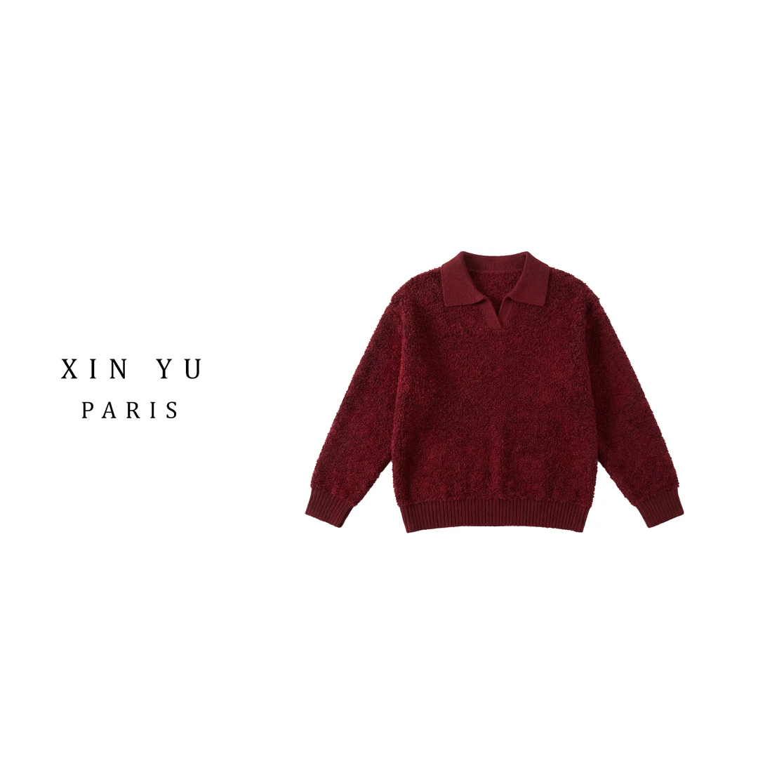 宽松型厚款常规款POLO领羊毛衫复古打底衫秋冬韩版25M8852