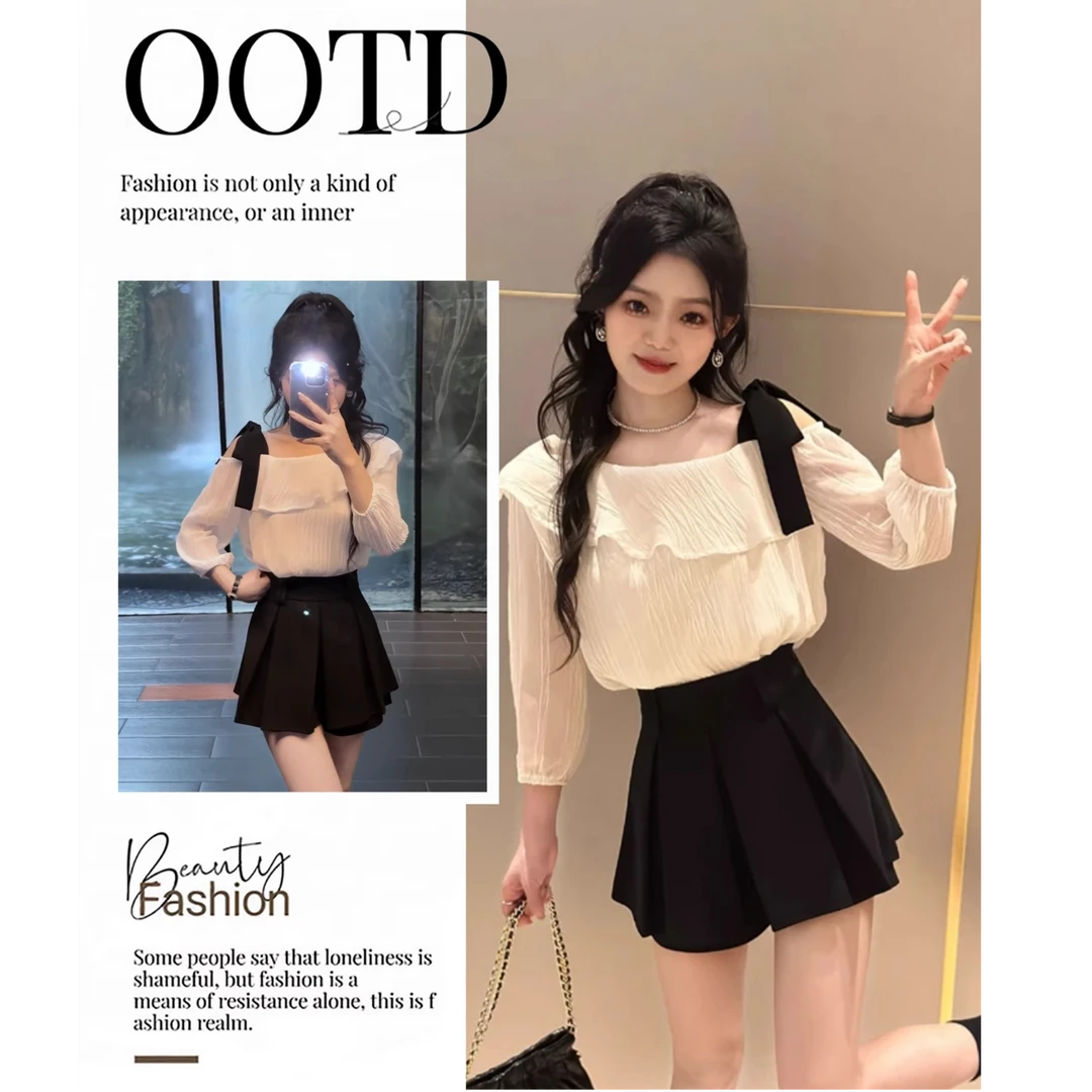 2025新款夏季韩系搭配一整套一字领露肩衬衫短裤两件套漂亮套装女