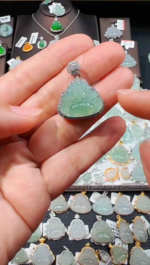 项链银S925镶嵌翡翠佛公吊坠