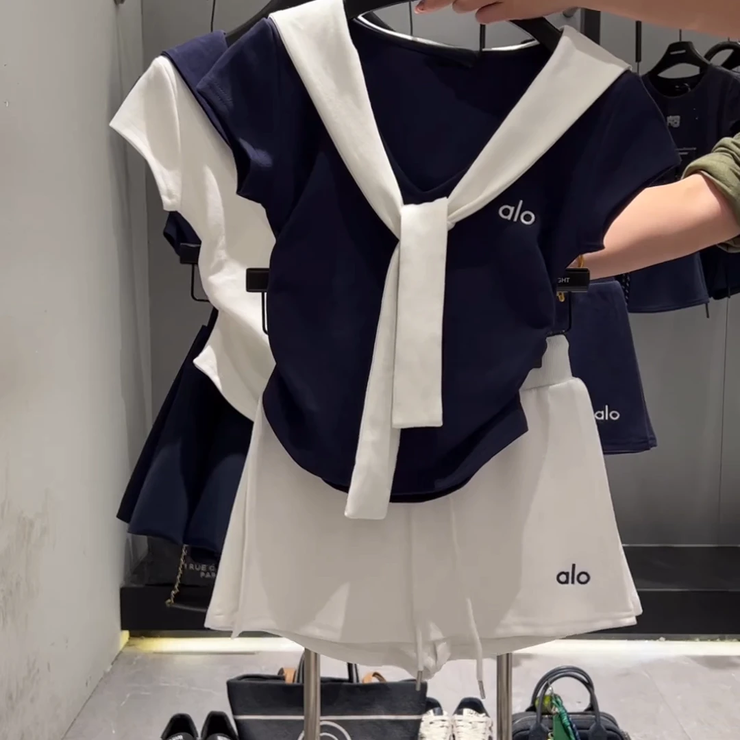 【撞色V领海军风假两件拼接披肩T恤】2025夏季收腰显瘦上衣女