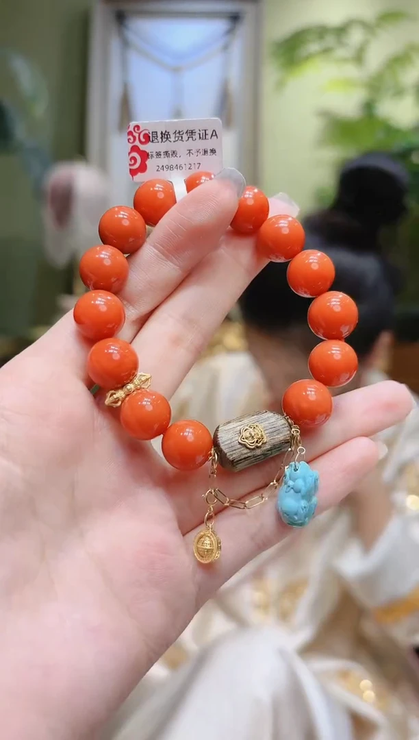 【闪购商品】南红玛瑙手串18K金镶嵌绿松貔貅提溜南红手串
