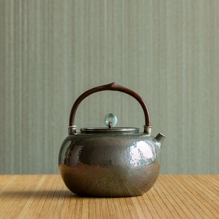 芸术云艺堂非遗王朝军纯手工烧水壶紫皮平丸银壶鸡血藤提梁500ml