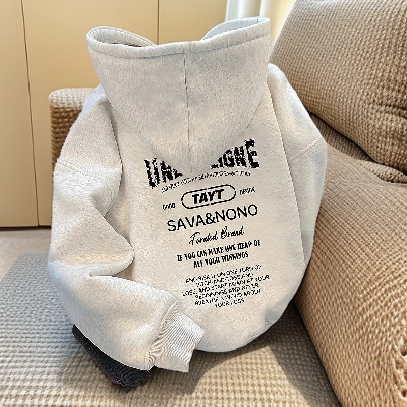 重磅潮牌痞帅青少年字母印花秋冬季连帽卫衣男装加厚少年感外套男