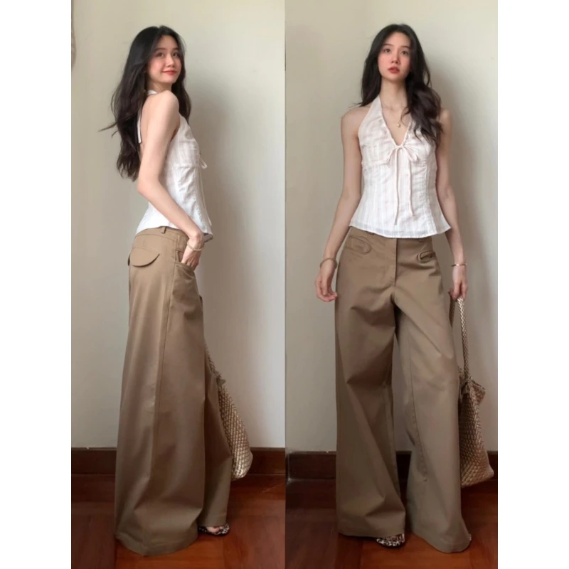 时尚辣妹v领挂脖短款显瘦小上衣搭低腰通勤百搭宽松休闲裤两件套