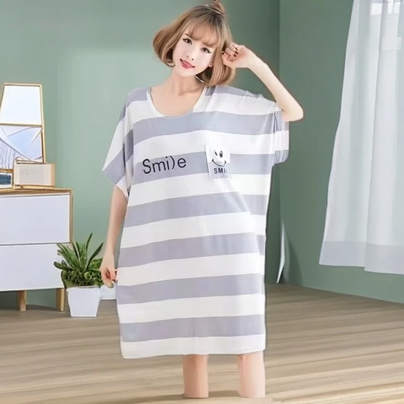 睡裙夏季卡通家居服薄款宽松条纹舒适女撞色印花中长款短袖