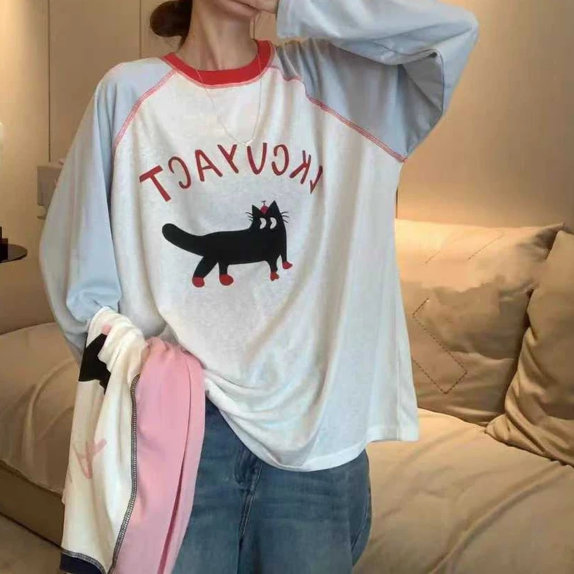1955韩系卡通猫咪印花防晒长袖T恤女2025女装时尚减龄显瘦上衣潮t