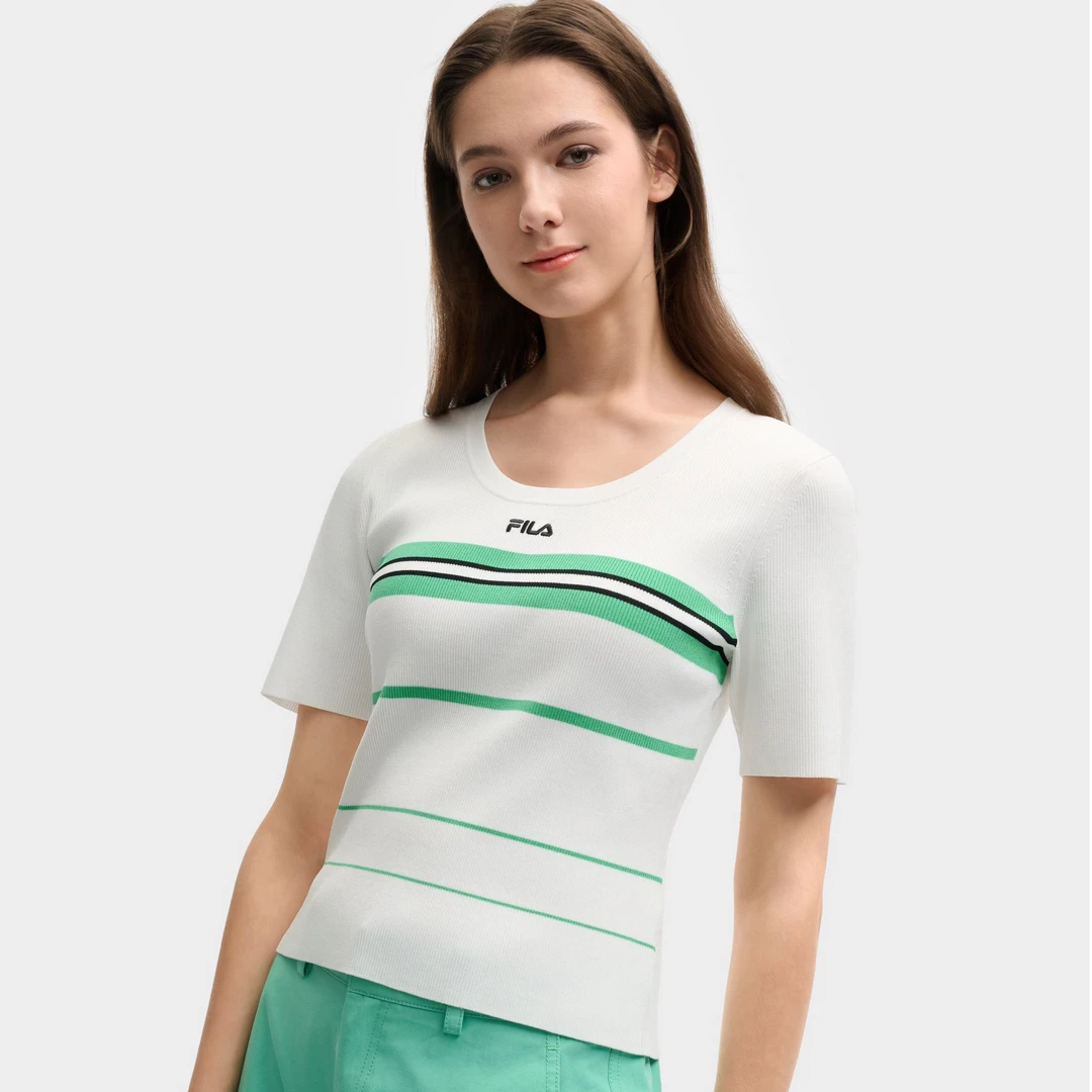 Fila/斐乐新款女子【新款拼色条纹短袖运动T恤】编织衫F11W528408F