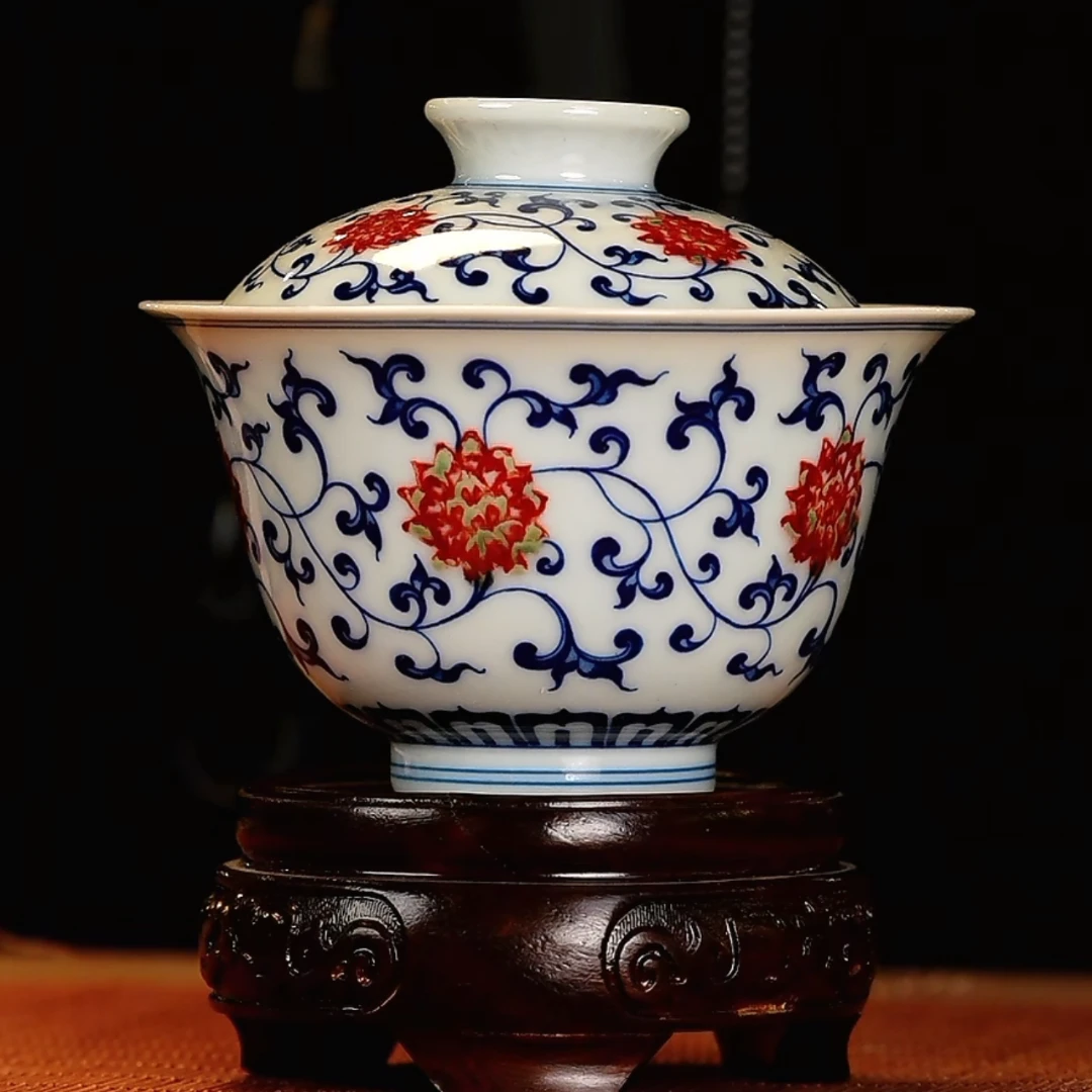 【小乔赏瓷1】堂钟正青花釉里红缠枝盖碗tzz218