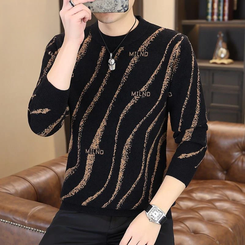2025秋冬新款欧货网红提花毛衣男时尚修身加厚保暖针织衫