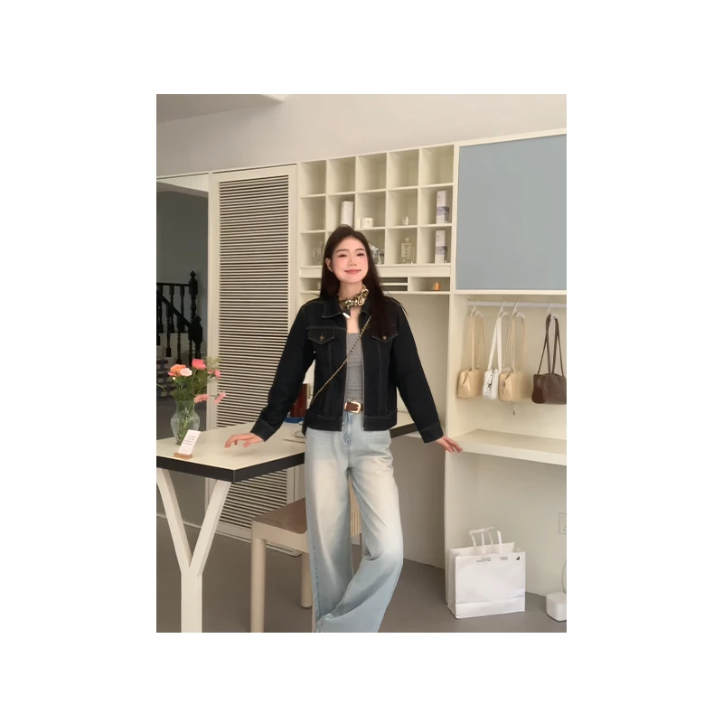 柏林胶片/加长复古港风短款正肩拉链翻领夹克原色牛仔外套 Au230