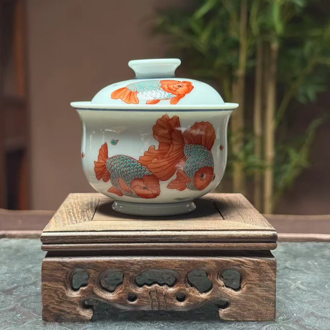 立勤怀古 红绿彩金鱼盖碗 LQ057