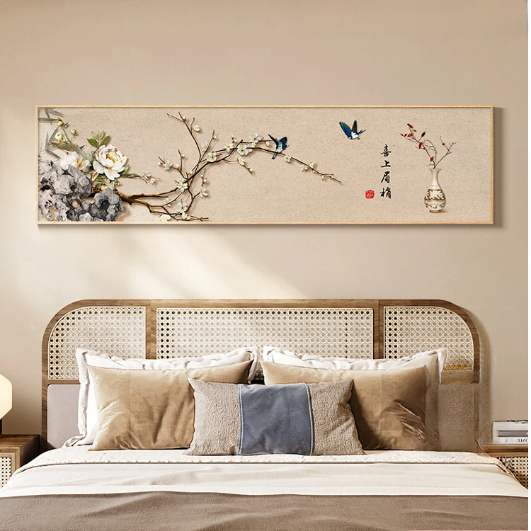 喜上眉梢新中式主卧床头装饰画中国风花鸟客厅茶室背景墙挂画横版
