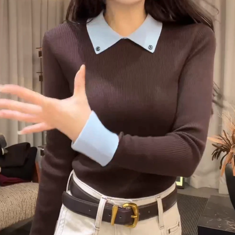 【榛果雾蓝】琥珀流光风拼色时尚翻领针织衫女LK2507187