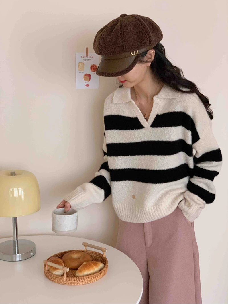 【潘潘.628810】【不可机洗】时尚百搭100%绵羊毛剪刀翻领条纹针织衫