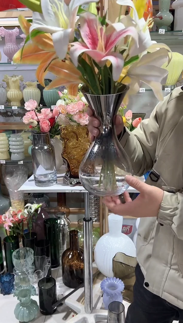 【闪购商品】无铅玻璃斜口透明电镀银渐变花瓶