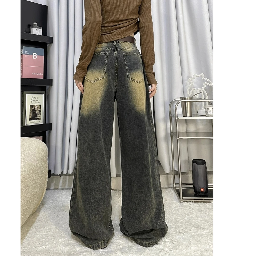 300斤特大码胖mm美式高街阔腿牛仔裤女新款辣妹风宽松显瘦直筒裤