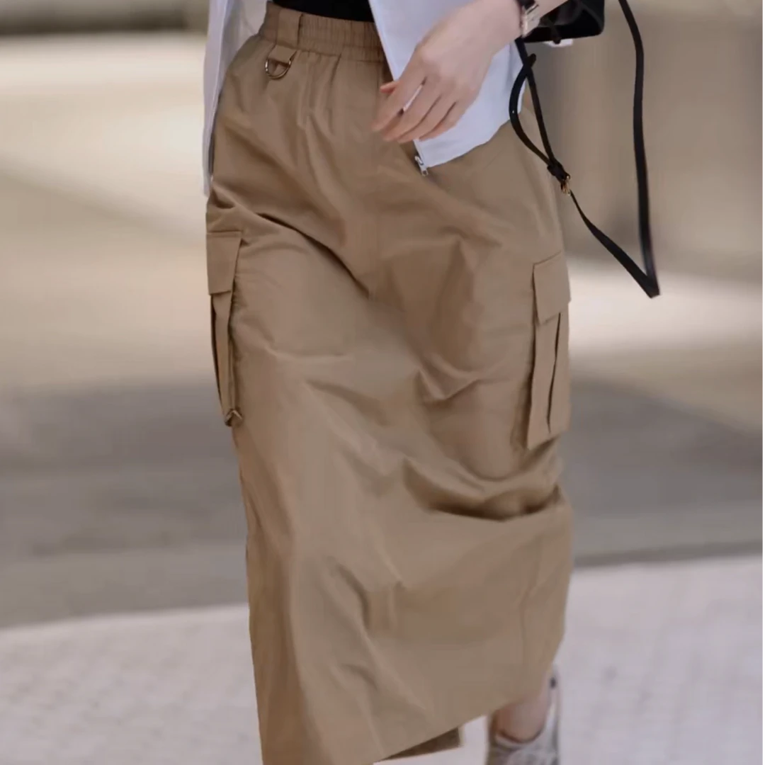 高腰口袋松紧腰卡其色休闲百搭宽松直筒半身裙