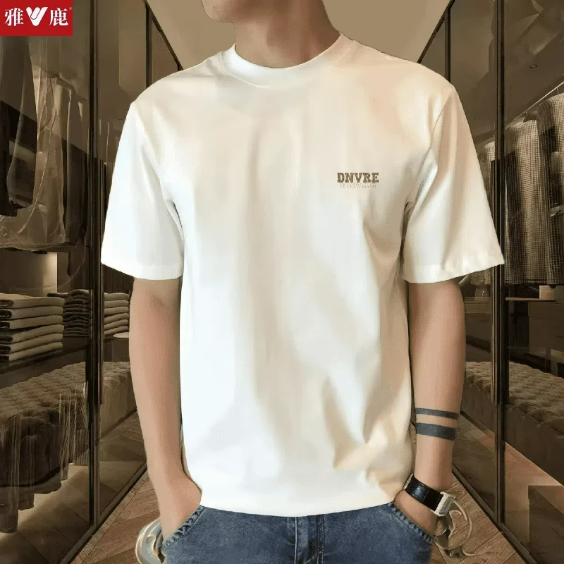 雅鹿夏季男士纯棉短袖t恤男潮流宽松圆领百搭印花打底衫韩版半袖