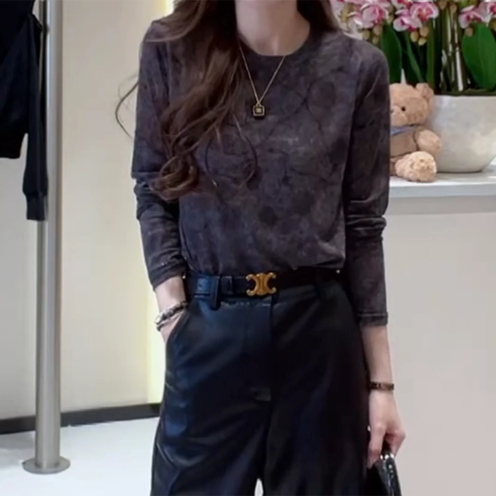 秋季韩版小众复古薄款长袖打底圆领扎染上衣T恤C6255