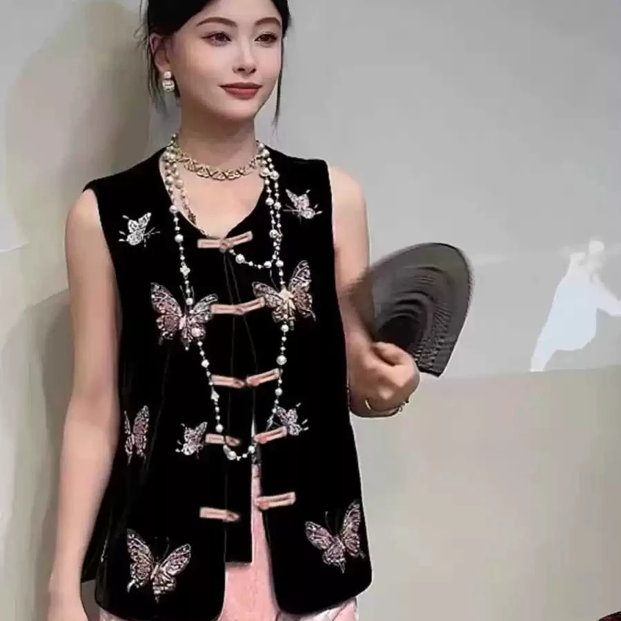 新中式蝴蝶闪片珍珠刺绣加棉马甲