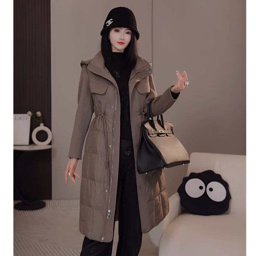 T-938冬季高级感2024新款宽松保暖时尚防风防寒中长款拼接羽绒服