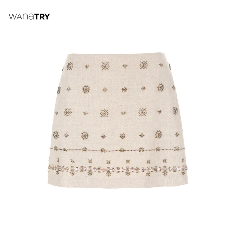 Wanatry 燕麦色老钱度假感钉珠亚麻短裙【达人】