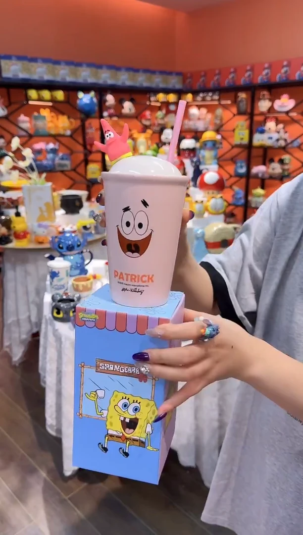 瓷片@@派大星粉色陶瓷带盖吸管杯