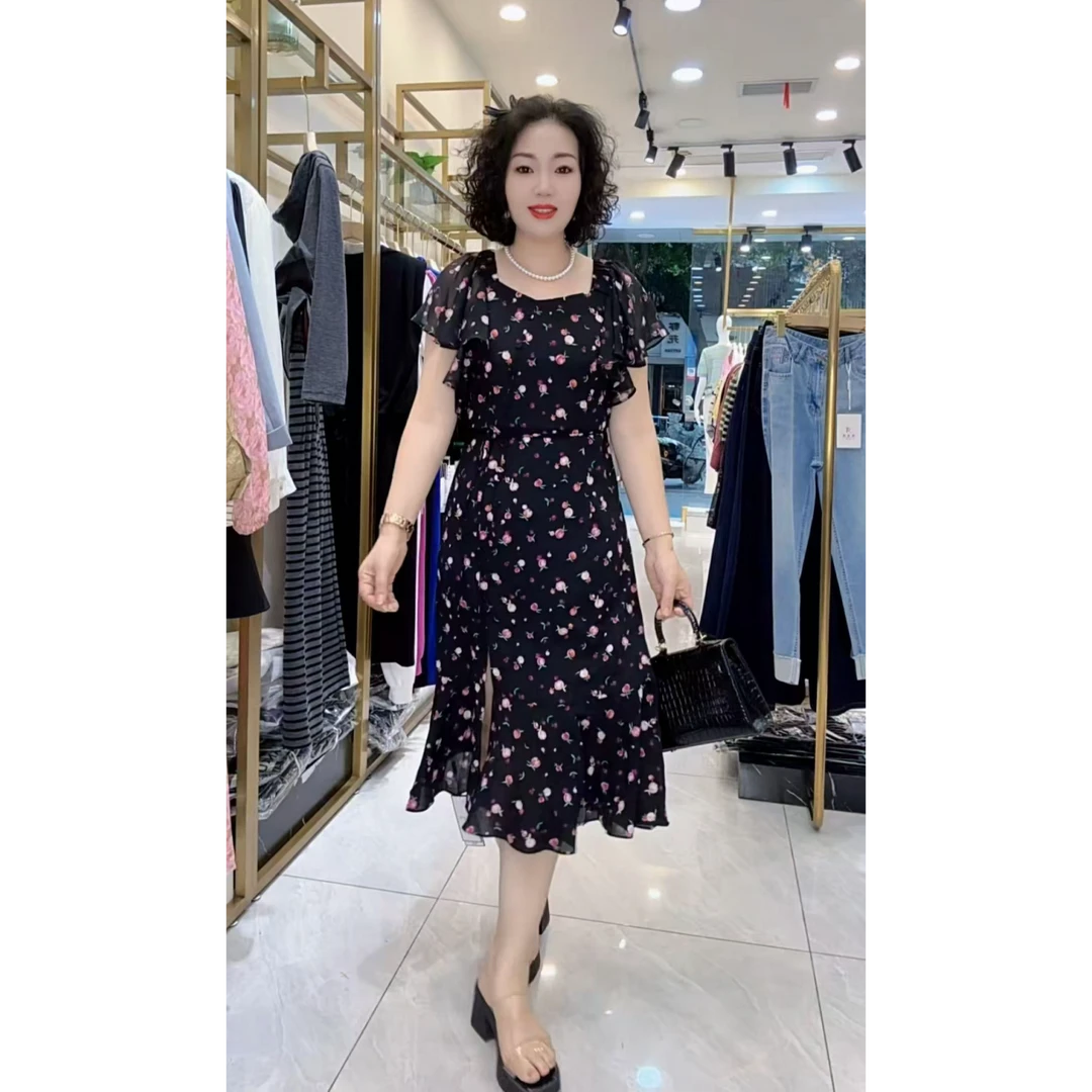 101D收腰显瘦碎花修身黑色法式裙子夏季碎花无袖气质时尚连衣裙