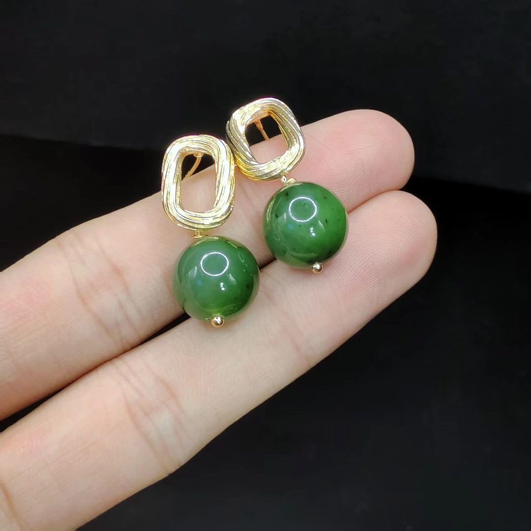 【老三珠宝】和田玉圆珠耳钉J3【多样性发其一】约12mm