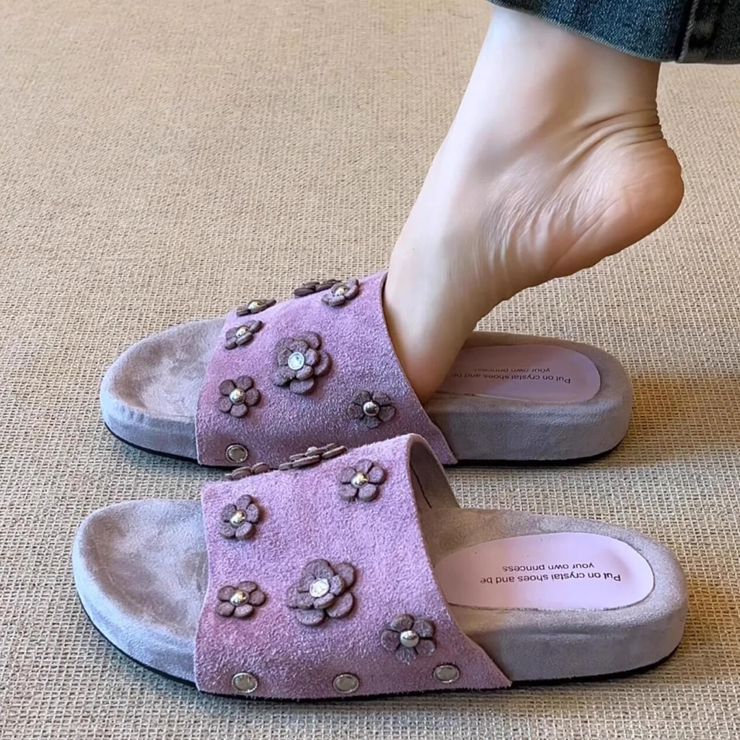 羊皮版~复古小众水钻花朵绒面凉拖鞋女夏外穿厚底踩屎感百搭凉鞋