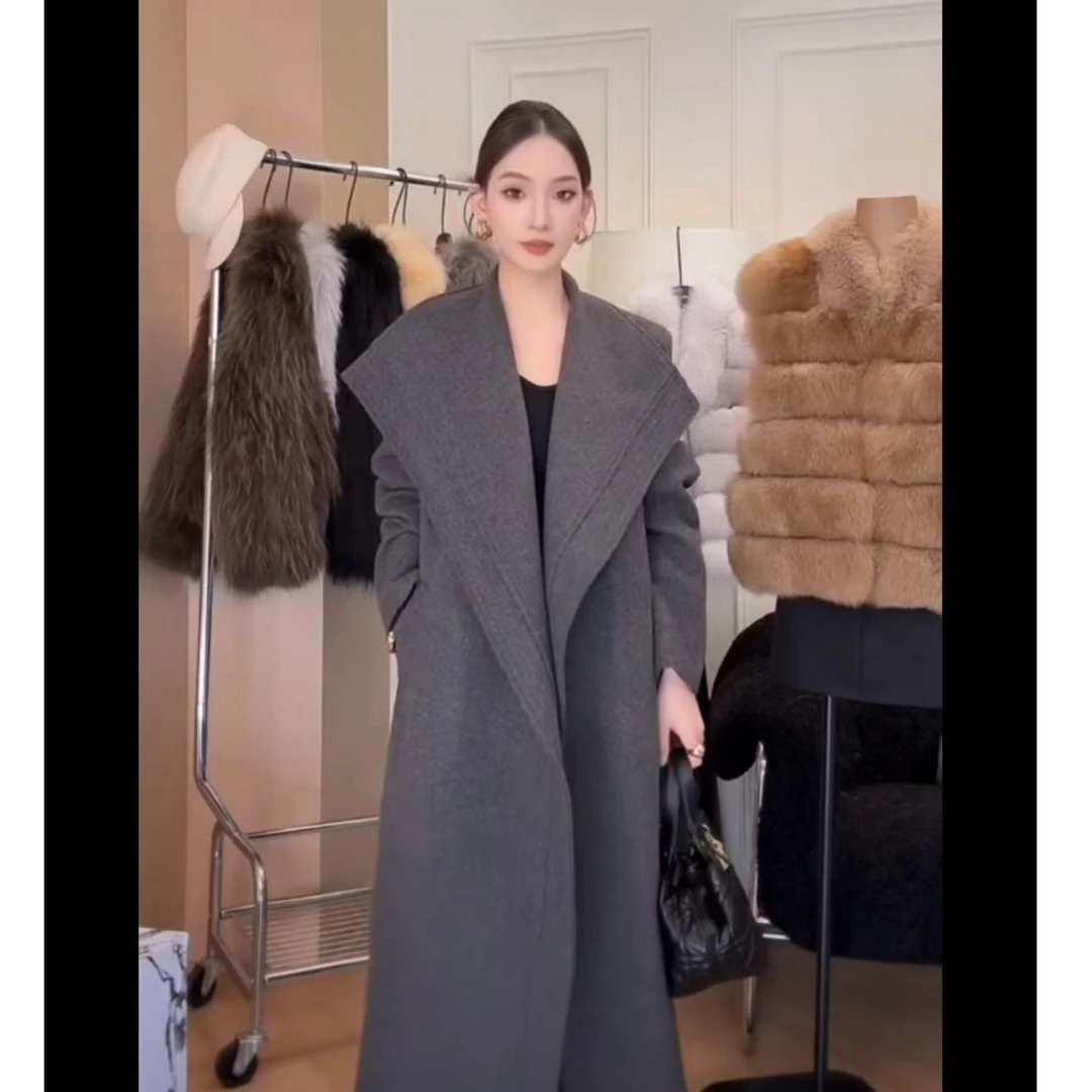 夹棉大衣大翻领宽松中长款大衣秋冬女装双面呢腰带外套610-2